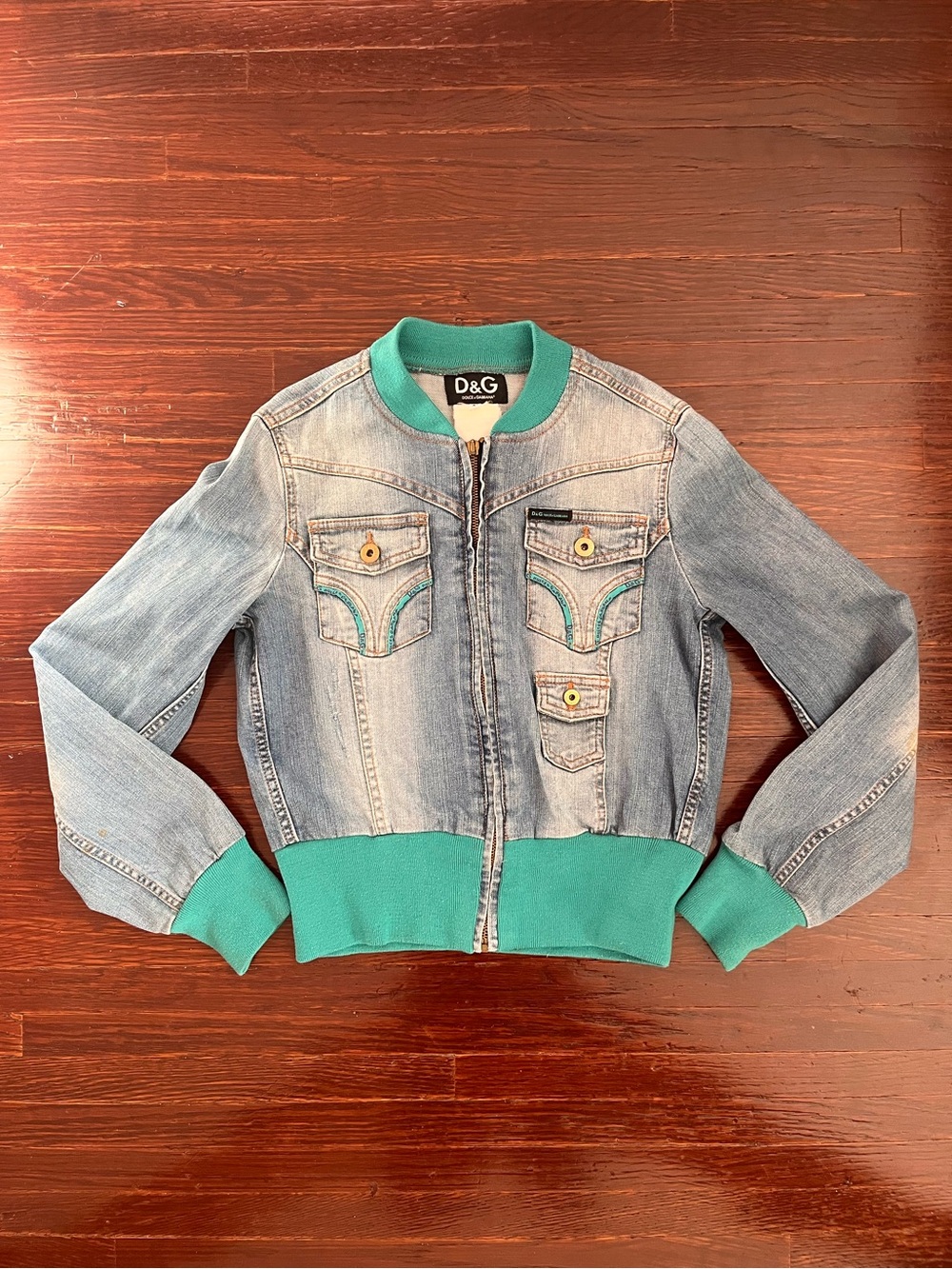 D&G Light-Wash Denim Jacket with Teal knit Trim IT size 40